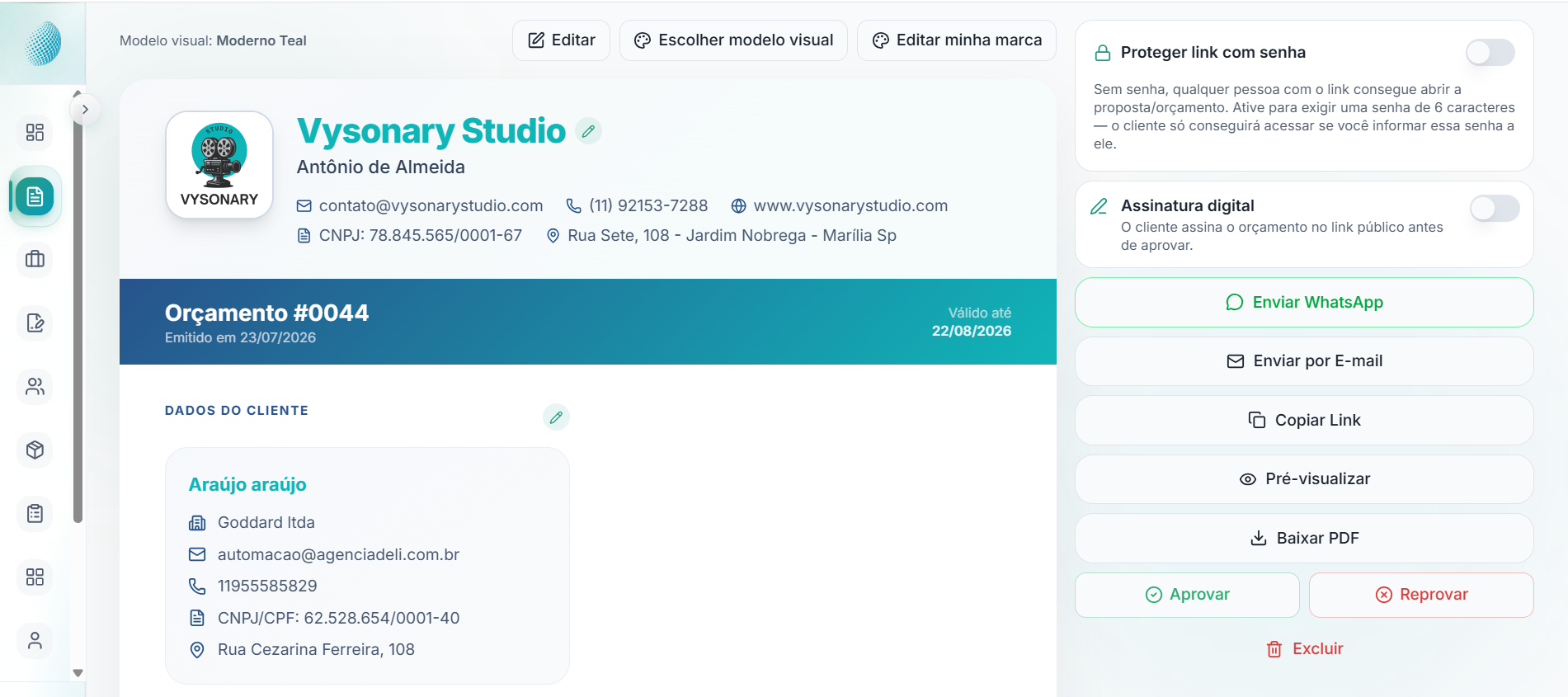Exemplo de orçamento criado no MakeFlow com dados do cliente, pacotes e opções de envio
